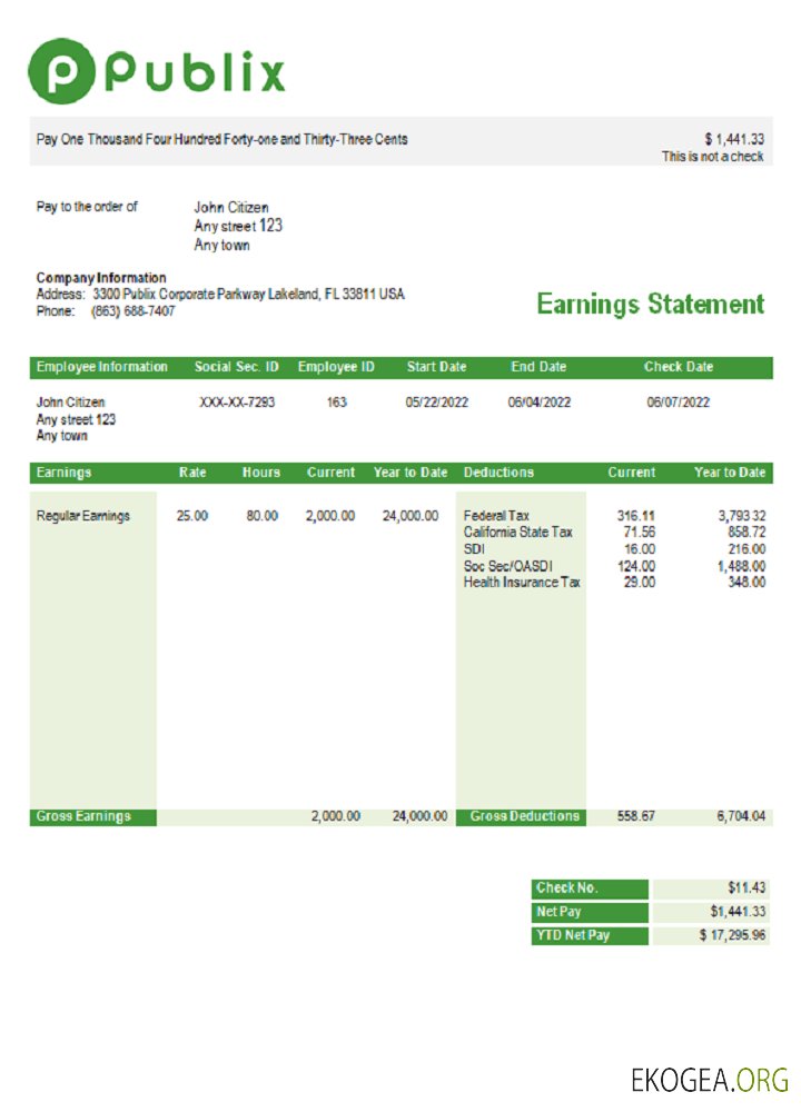 Bulletin de paie d'une entreprise de supermarché Publix Super Markets Inc. aux États Unis